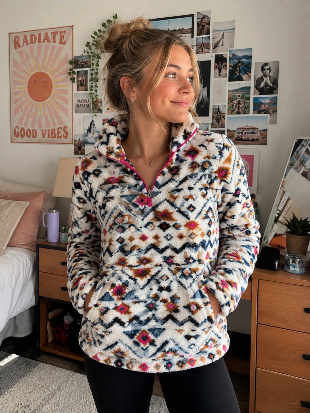 Eddie Bauer XS Faux Fur Sherpa Fleece Geometric Quarter Zip Pullover